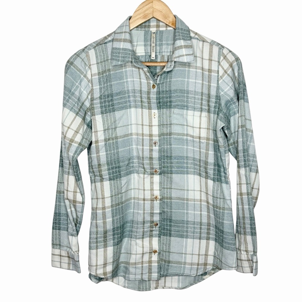 Kuhl Kamila Flannel Shirt Green Plaid Womens XS Button Up Granola Girl Outdoor